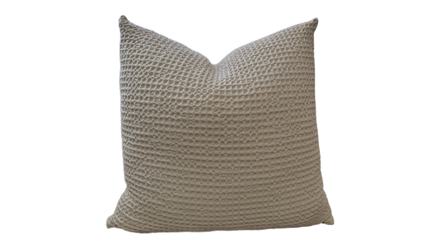 Soft stone-coloured cushion with a feather-filled interior, featuring a textured surface and waffle-like pattern